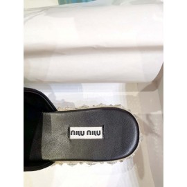 Miumiu Hemp Rope Thick Bottom Pearl Slippers For Women Black