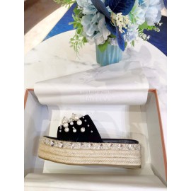 Miumiu Hemp Rope Thick Bottom Pearl Slippers For Women Black