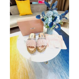 Miumiu Hemp Rope Thick Bottom Feather Slippers For Women Pink