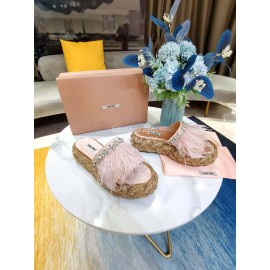 Miumiu Hemp Rope Thick Bottom Feather Slippers For Women Pink