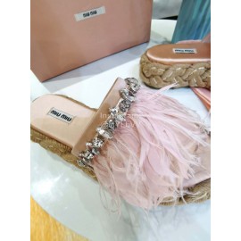 Miumiu Hemp Rope Thick Bottom Feather Slippers For Women Pink
