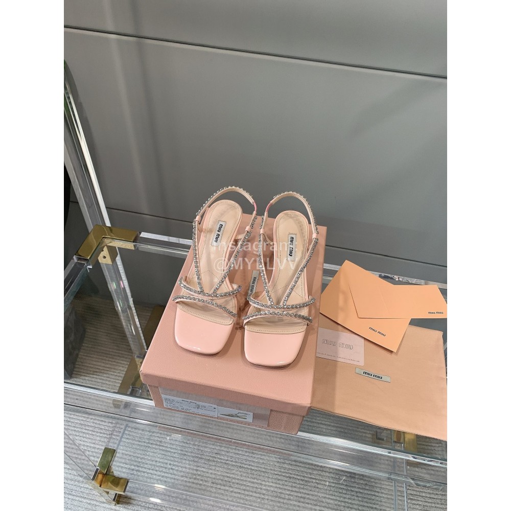 Miumiu New Rhinestone Cowhide High Heeled Sandals For Women Pink