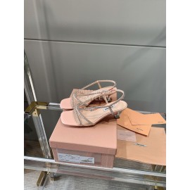 Miumiu New Rhinestone Cowhide High Heeled Sandals For Women Pink