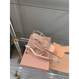 Miumiu New Rhinestone Cowhide High Heeled Sandals For Women Pink