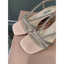 Miumiu New Rhinestone Cowhide High Heeled Sandals For Women Pink