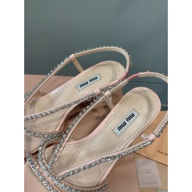 Miumiu New Rhinestone Cowhide High Heeled Sandals For Women Pink