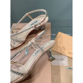 Miumiu New Rhinestone Cowhide High Heeled Sandals For Women Pink
