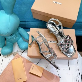 Miumiu Summer Patent Leather Diamond High Heeled Sandals For Women Silver