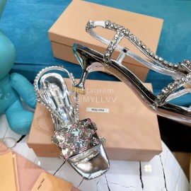 Miumiu Summer Patent Leather Diamond High Heeled Sandals For Women Silver