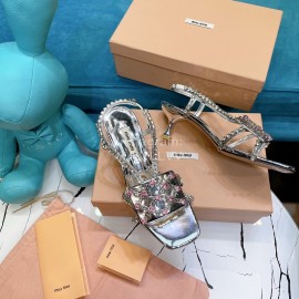 Miumiu Summer Patent Leather Diamond High Heeled Sandals For Women Silver