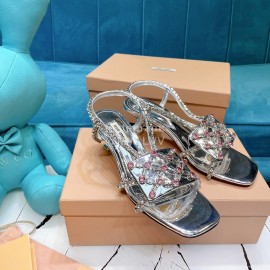 Miumiu Summer Patent Leather Diamond High Heeled Sandals For Women Silver