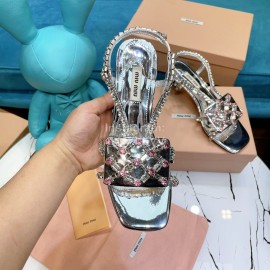 Miumiu Summer Patent Leather Diamond High Heeled Sandals For Women Silver