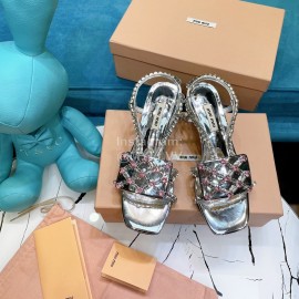 Miumiu Summer Patent Leather Diamond High Heeled Sandals For Women Silver