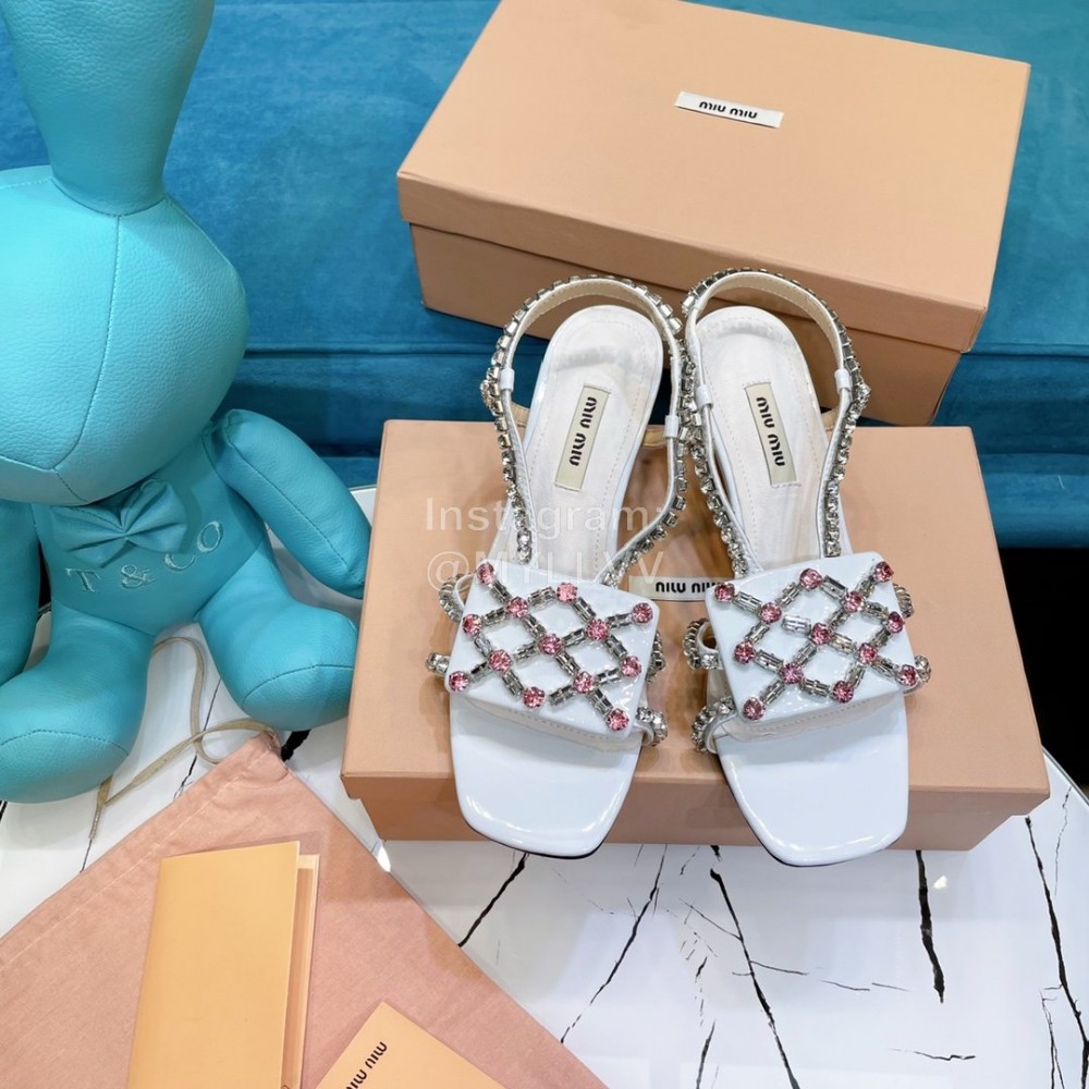 Miumiu Summer Patent Leather Diamond High Heeled Sandals For Women White