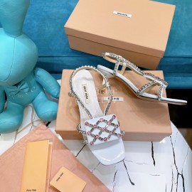 Miumiu Summer Patent Leather Diamond High Heeled Sandals For Women White