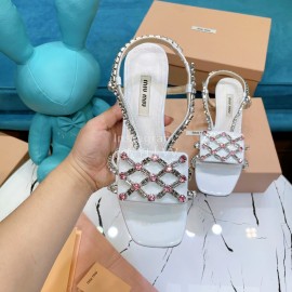 Miumiu Summer Patent Leather Diamond High Heeled Sandals For Women White