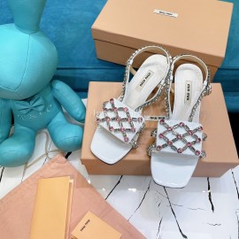 Miumiu Summer Patent Leather Diamond High Heeled Sandals For Women White