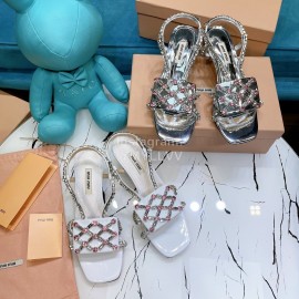 Miumiu Summer Patent Leather Diamond High Heeled Sandals For Women White