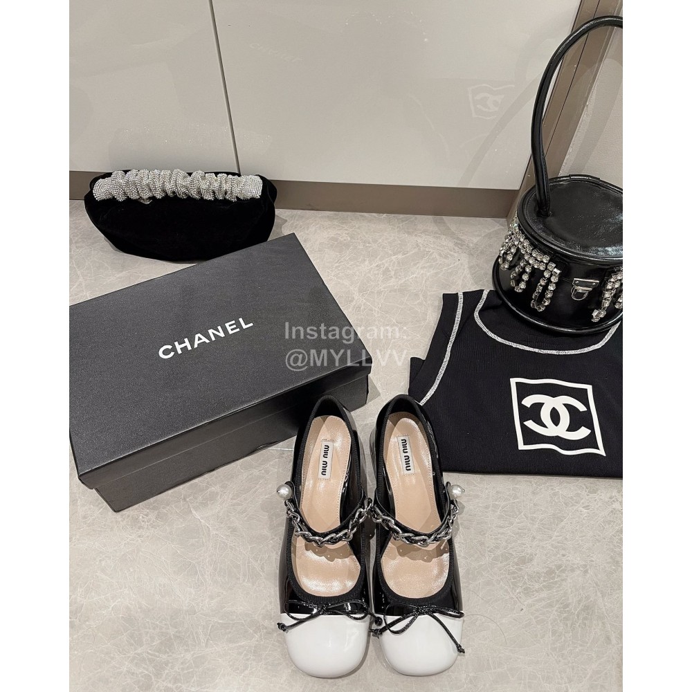 Miumiu Patent Leather Bow Pearl Buckle Thick High Heeled Mary Jane Shoes For Women Black