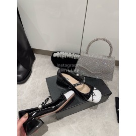 Miumiu Patent Leather Bow Pearl Buckle Thick High Heeled Mary Jane Shoes For Women Black