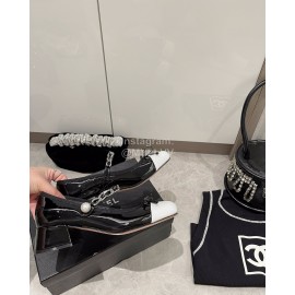 Miumiu Patent Leather Bow Pearl Buckle Thick High Heeled Mary Jane Shoes For Women Black