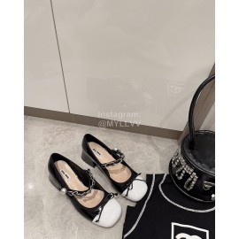 Miumiu Patent Leather Bow Pearl Buckle Thick High Heeled Mary Jane Shoes For Women Black