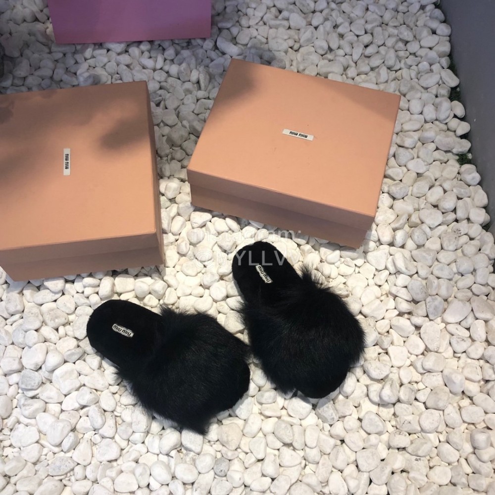 Miumiu New Flat Wool Slippers For Women Black