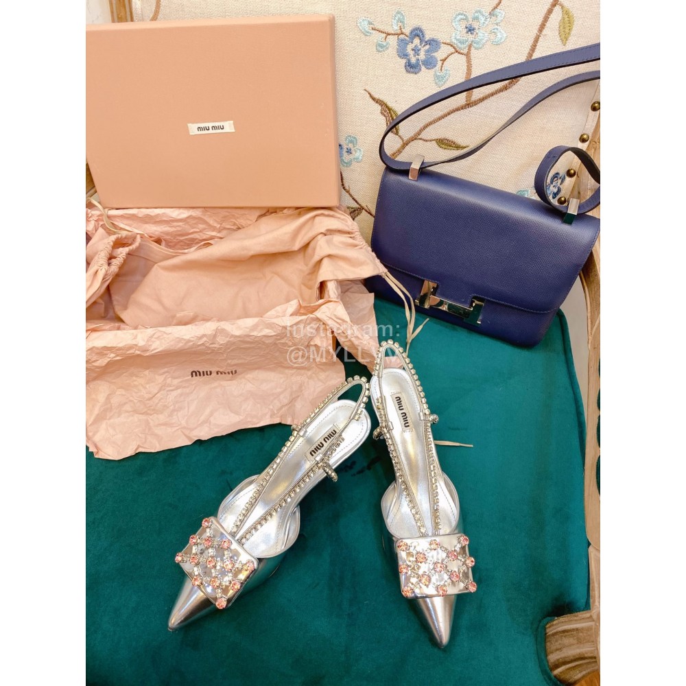 Miumiu Fashion Leather Pointed High Heeled Sandals For Women Silver