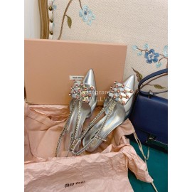 Miumiu Fashion Leather Pointed High Heeled Sandals For Women Silver