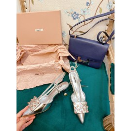 Miumiu Fashion Leather Pointed High Heeled Sandals For Women Silver