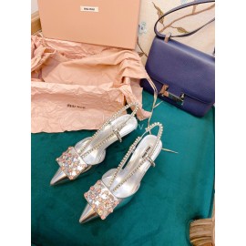 Miumiu Fashion Leather Pointed High Heeled Sandals For Women Silver