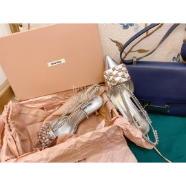 Miumiu Fashion Leather Pointed High Heeled Sandals For Women Silver