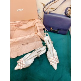 Miumiu Fashion Leather Pointed High Heeled Sandals For Women White