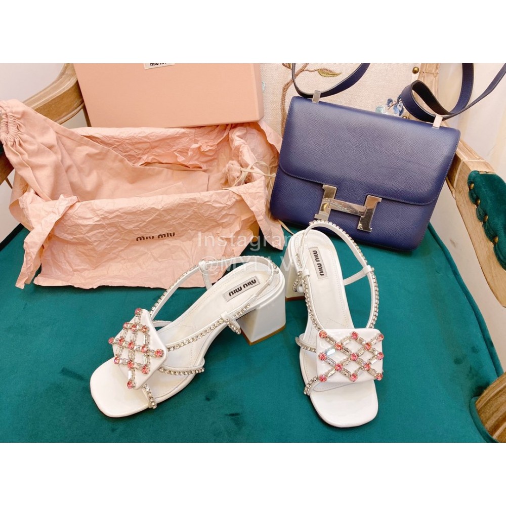 Miumiu New Patent Leather Thick High Heeled Sandals For Women White