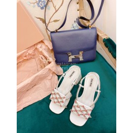 Miumiu New Patent Leather Thick High Heeled Sandals For Women White