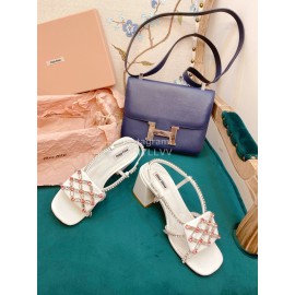 Miumiu New Patent Leather Thick High Heeled Sandals For Women White