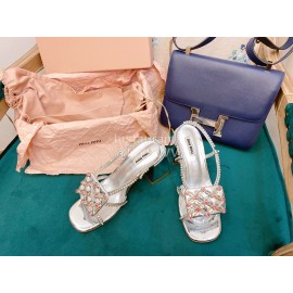 Miumiu New Patent Leather Thick High Heeled Sandals For Women Silver