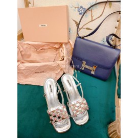 Miumiu New Patent Leather Thick High Heeled Sandals For Women Silver