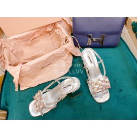 Miumiu New Patent Leather Thick High Heeled Sandals For Women Silver