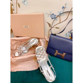 Miumiu New Patent Leather Thick High Heeled Sandals For Women Silver