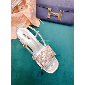 Miumiu New Patent Leather Thick High Heeled Sandals For Women Silver