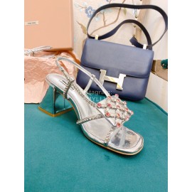 Miumiu New Patent Leather Thick High Heeled Sandals For Women Silver