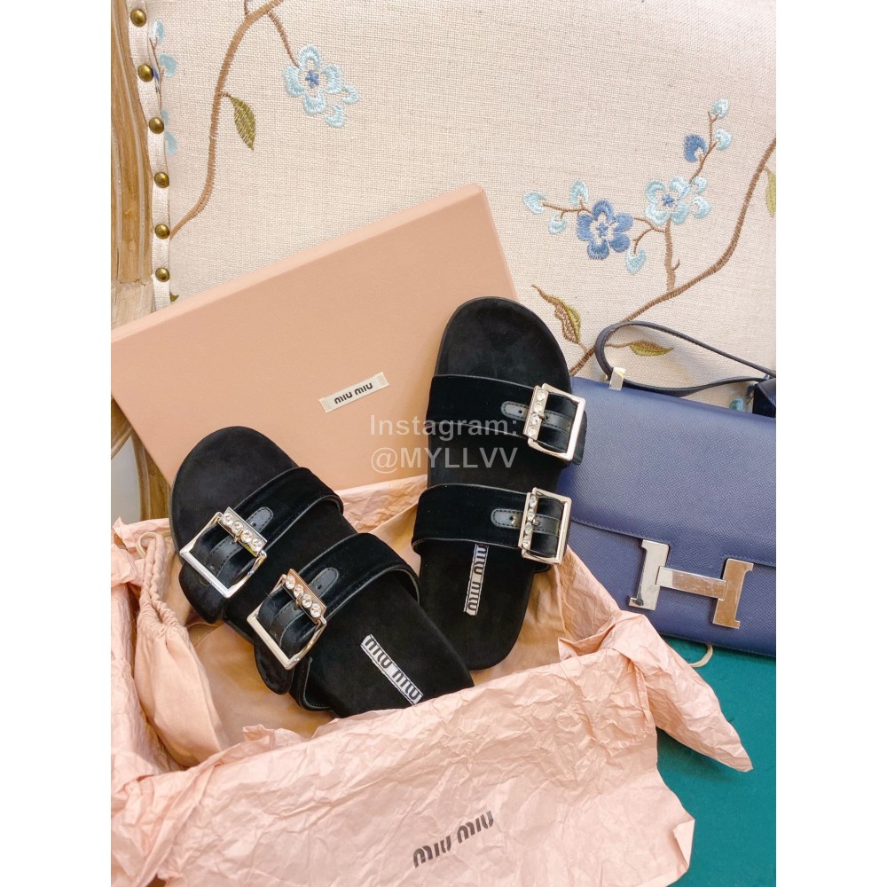 Miumiu New Rhinestone Slippers For Women Black