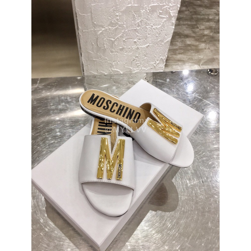 Moschino Spring Summer Gold Letter Sheepskin Slippers For Women White