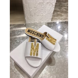 Moschino Spring Summer Gold Letter Sheepskin Slippers For Women White
