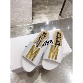 Moschino Spring Summer Gold Letter Sheepskin Slippers For Women White