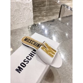 Moschino Spring Summer Gold Letter Sheepskin Slippers For Women White