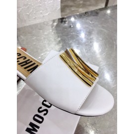Moschino Spring Summer Gold Letter Sheepskin Slippers For Women White
