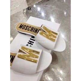 Moschino Spring Summer Gold Letter Sheepskin Slippers For Women White