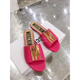 Moschino Spring Summer Gold Letter Sheepskin Slippers For Women Rose Red